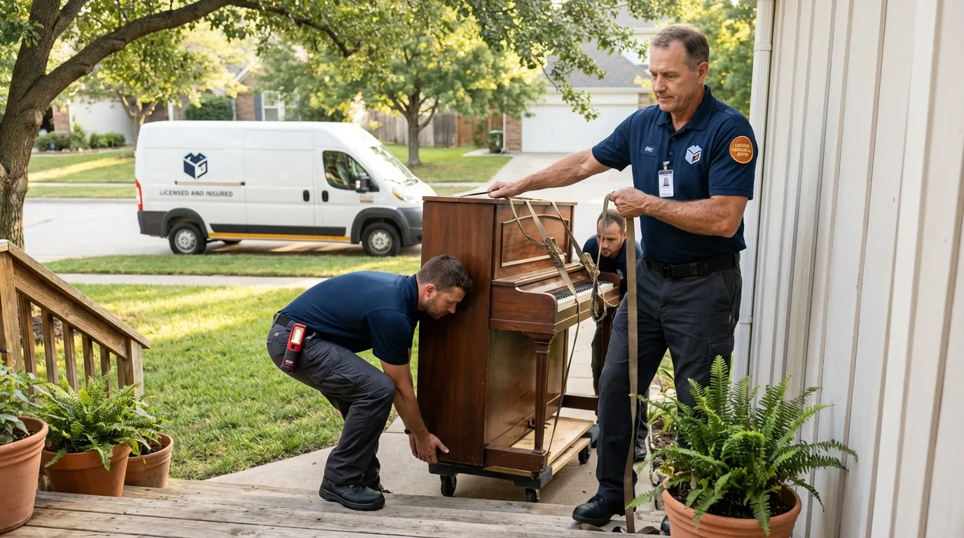 Licensed piano movers securing grand piano in West Columbia, SC