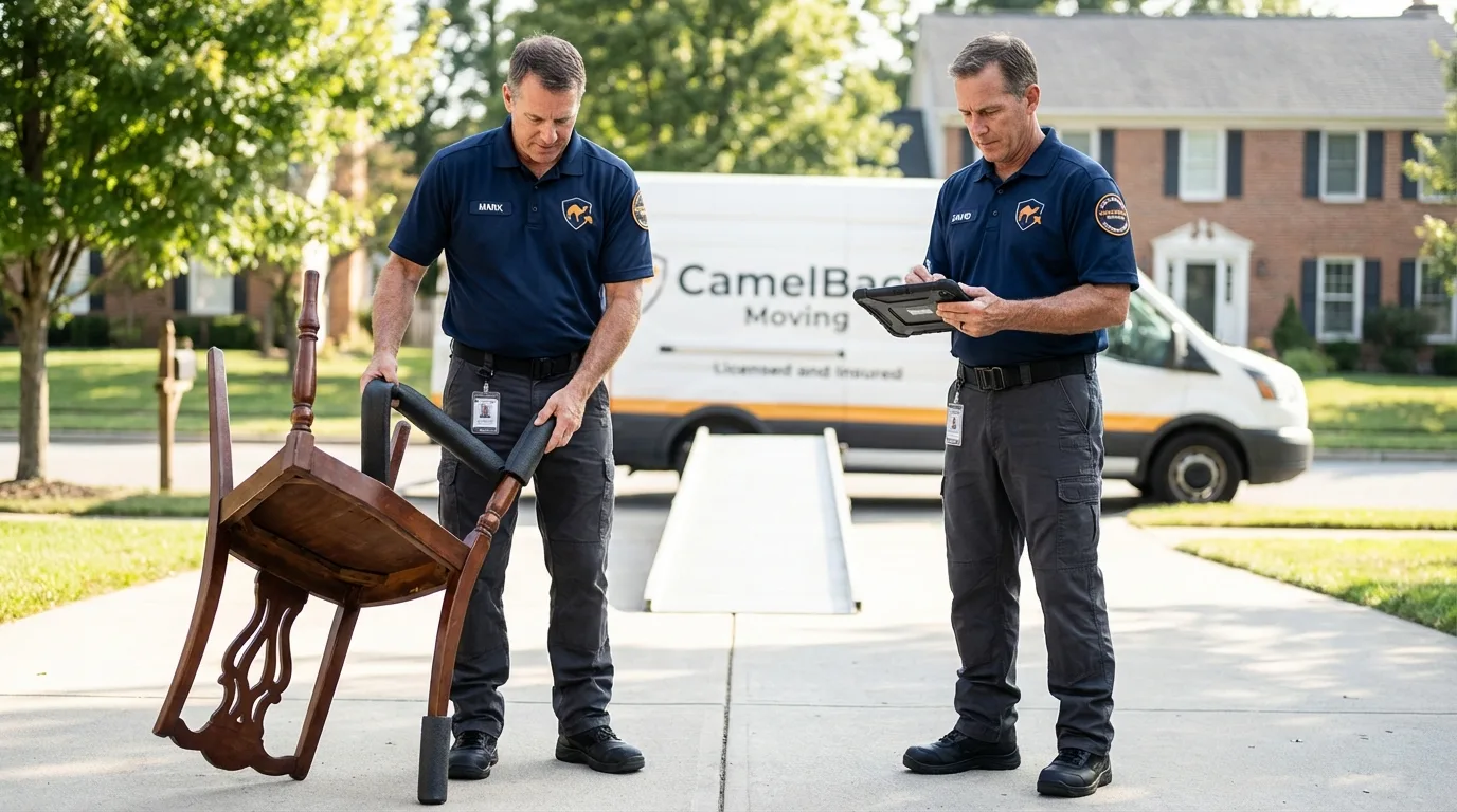 Movers inspecting furniture for damage prevention before loading in West Columbia, SC