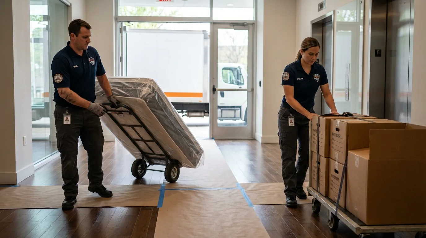Professional apartment movers loading elevator in West Columbia, SC