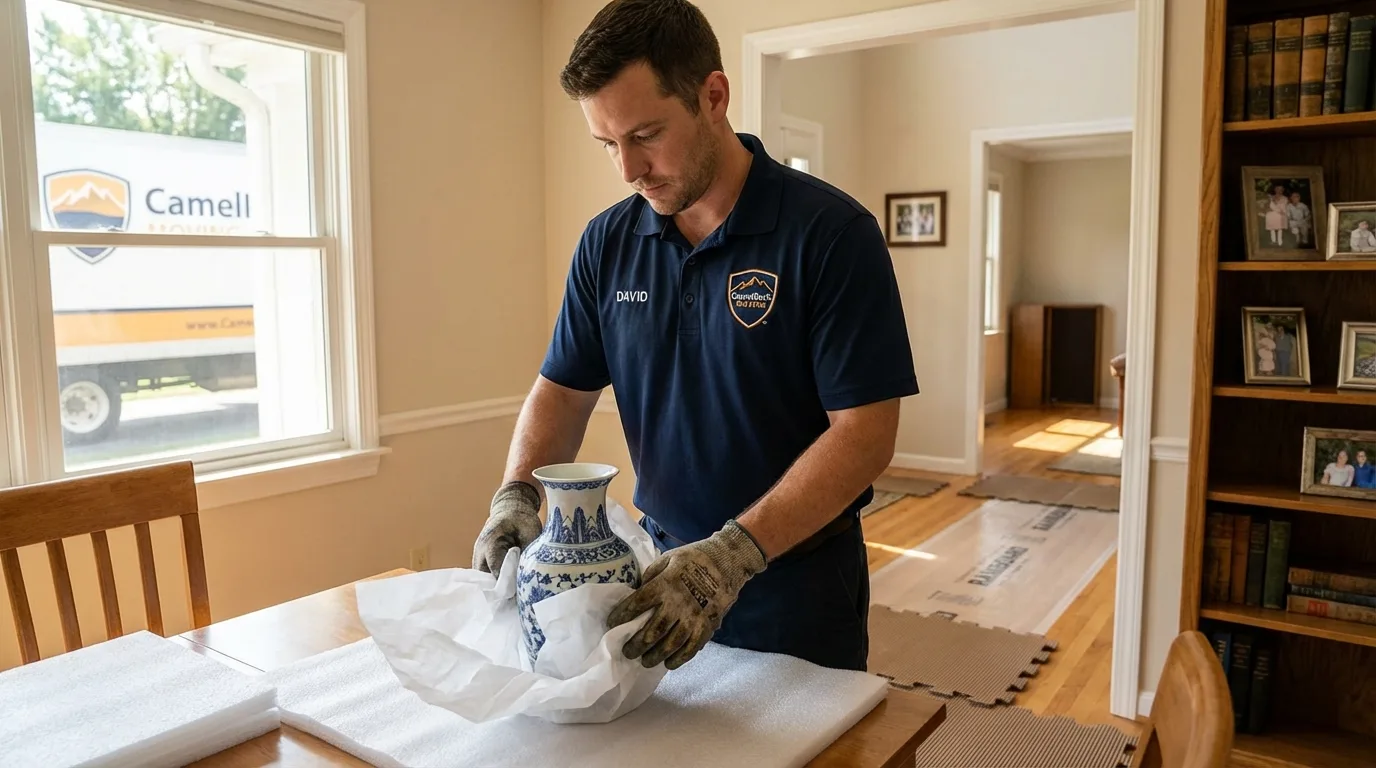 Professional crew carefully wrapping antique vase for senior downsizing move in West Columbia, SC